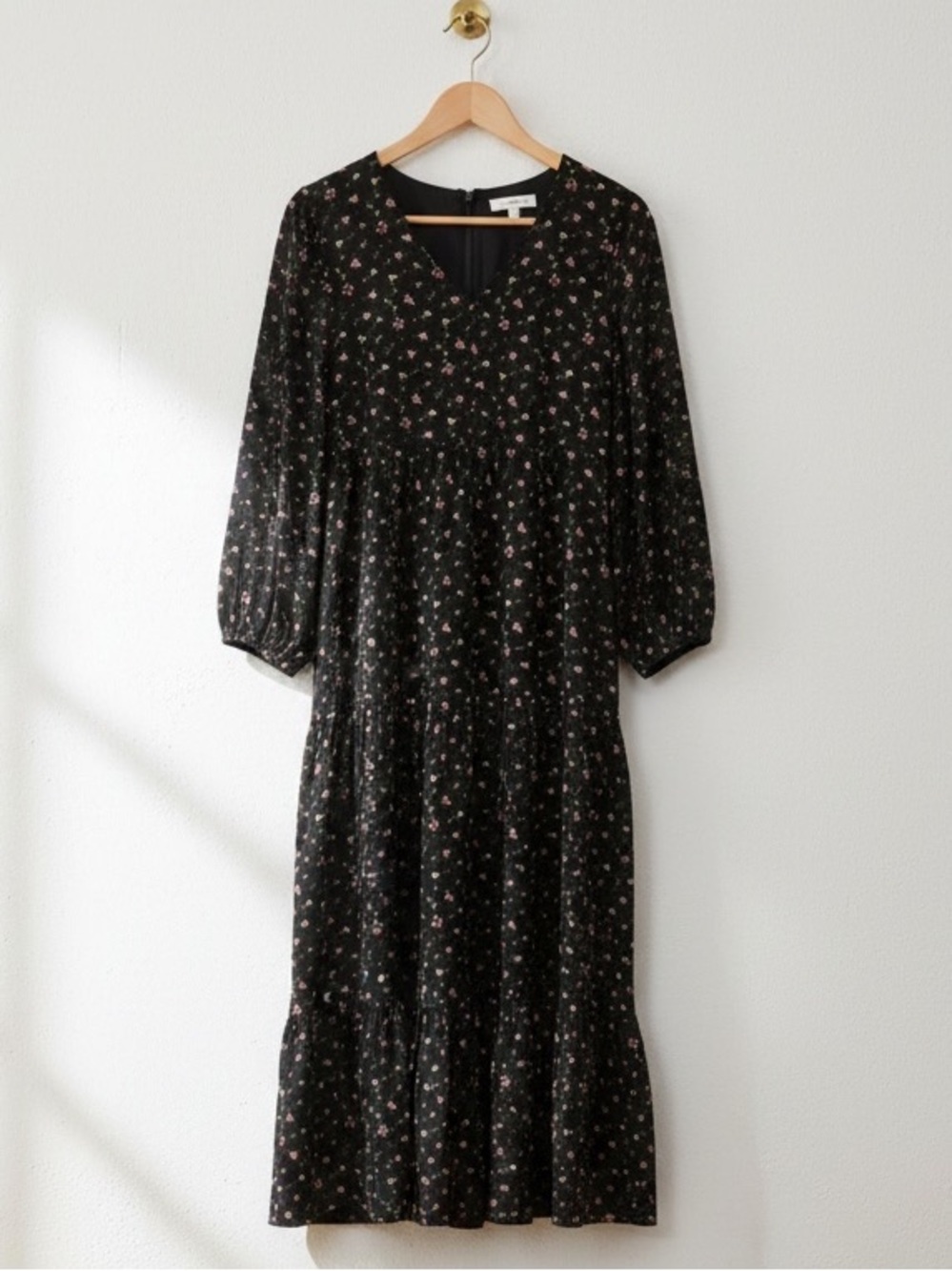 Black Pink Floral Country Prairie Girl Tiered Maxi Dress Size M